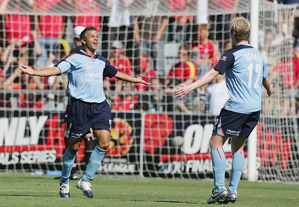 Corica celebrates netting in Sydney's 2-2 Major Semi Final draw with Adelaide on February 12, 2006