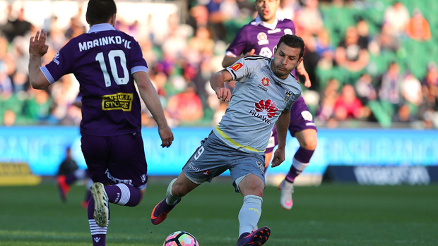 Kosta Barbarouses on the ball during Phoenix's 2-0 loss to Perth Glory.