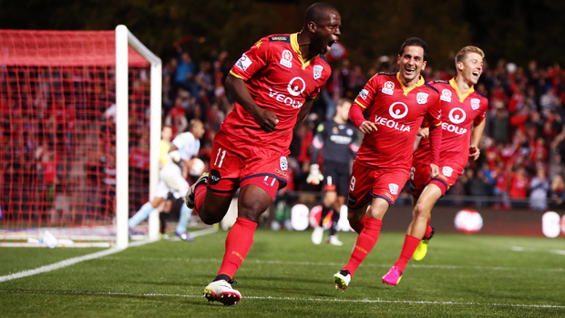 Bruce Djite celebrates one of his two goals against Melbourne City.