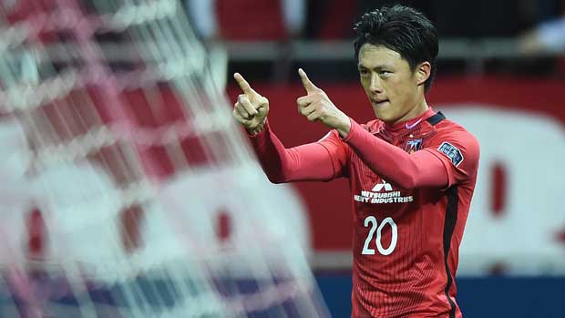 Tadanari Lee celebrates after scoring the third goal in Urawa's big win over the Wanderers in the ACL.