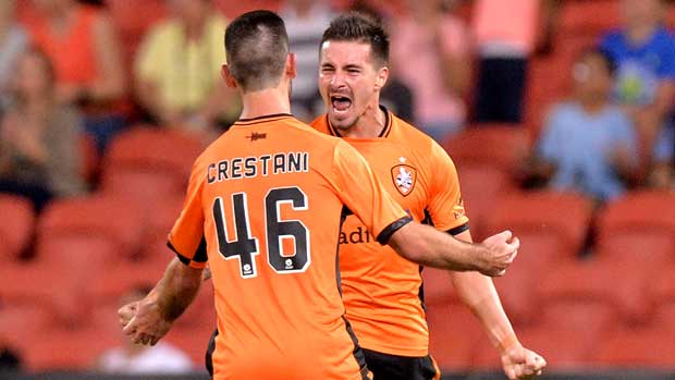 Jamie Maclaren celebrates after scoring Roar's equaliser, taking him level at the top of the golden boot standings.