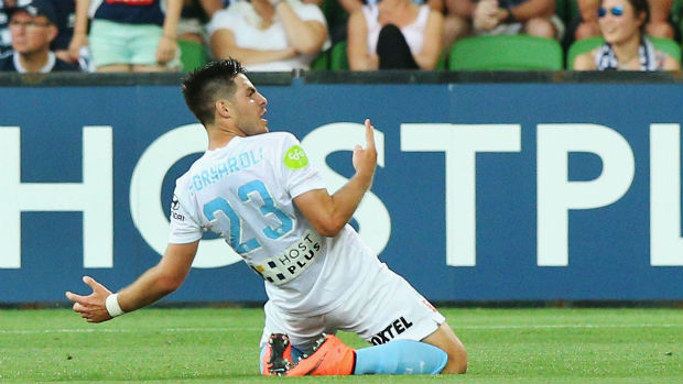 City striker Bruno Fornaroli celebrates one of his two goals in the Melbourne Derby.