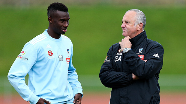 Bernie Ibini and Graham Arnold at Sydney FC training during the 2014/15 season.