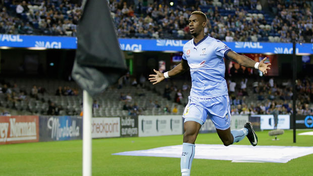 Sydney FC winger Bernie Ibini runs to the corner to celebrate his goal in the Big Blue against Melbourne Victory.