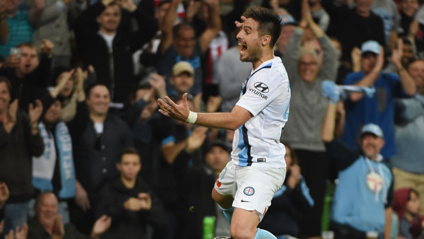 Bruno Fornaroli celebrates one of his two goals against Glory in last season's Finals Series.