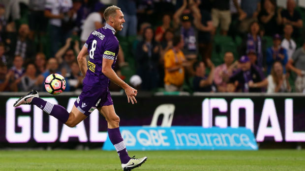 Glory skipper Rostyn Griffiths celebrates scoring against the Reds on Friday night.