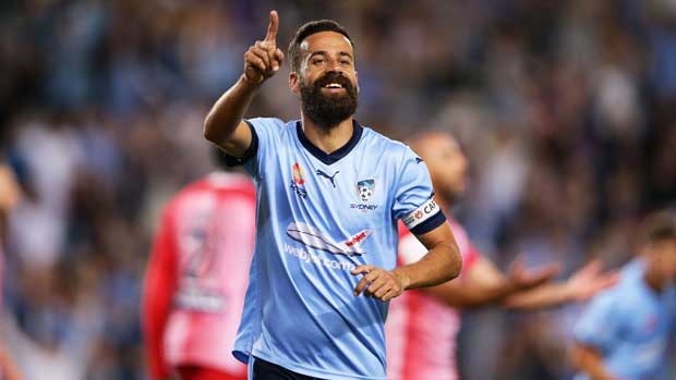 Sydney FC skipper Alex Brosque celebrates the opening goal in the win over Melbourne City.