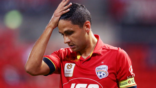 A disappointed Marcelo Carrusca after Adelaide concede a goal against Perth.
