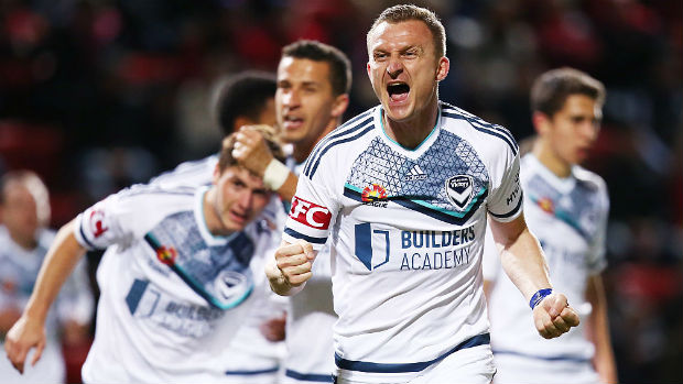 Besart Berisha celebrates Melbourne Victory's late winner against the Reds at Coopers Stadium.