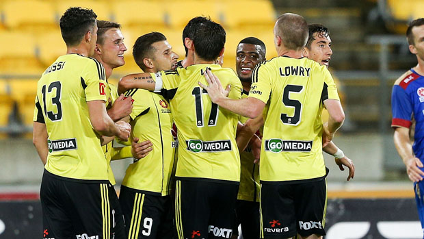Phoenix players celebrate a goal in their big win over Newcastle Jets.