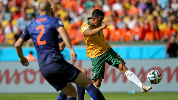 Caltex Socceroo Tim Cahill scores against the Netherlands with a blistering left-footed strike at the 2014 World Cup.