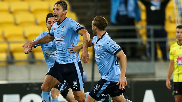Sydney FC star Filip Holosko celebrates after scoring against Wellington Phoenix.