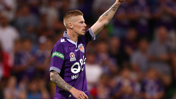 Andy Keogh celebrates after scoring in Perth Glory's 3-2 win over Melbourne City.