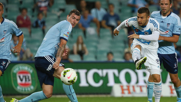 Kosta Barbarouses shoots on goal during Victory's 3-3 draw with Sydney FC.