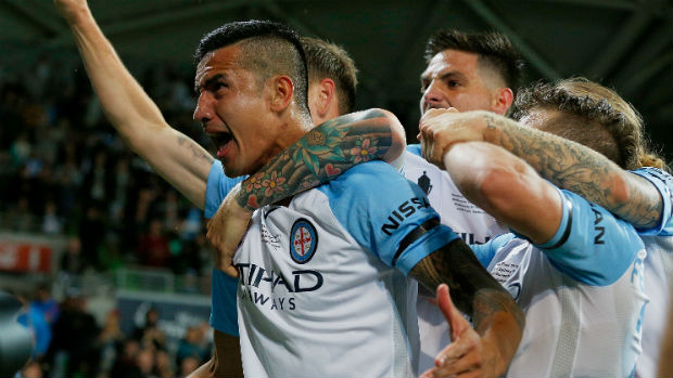 Tim Cahill celebrates scoring the winner in this season's Westfield FFA Cup Final.