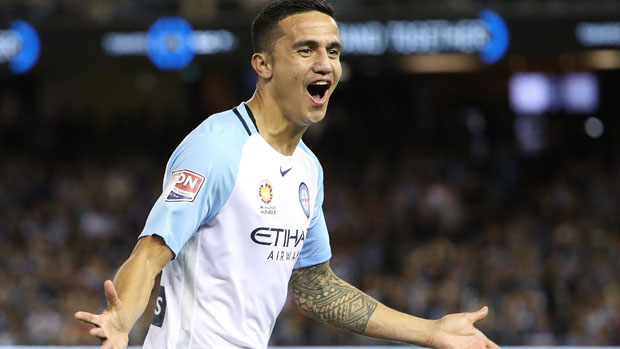 Tim Cahill celebrates after scoring his stunning goal against Victory.