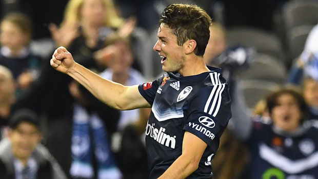 Melbourne Victory's Marco Rojas celebrates one of his goals in their win over Wellington Phoenix on Monday night.