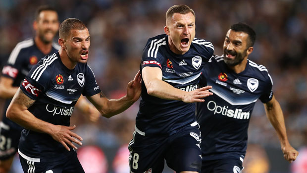 Besart Berisha celebrates after opening the scoring for Victory in the Hyundai A-League Grand Final.