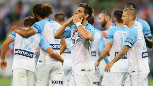 Bruno Fornaroli celebrates one of his two goals against the Jets on Saturday night.
