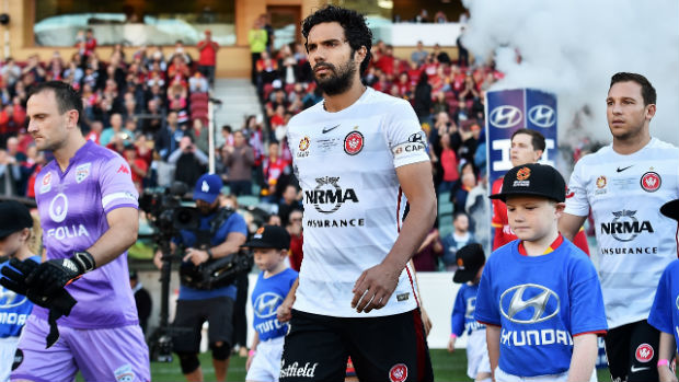 Wanderers captain Nikolai Topor-Stanley leads his team out onto the Adelaide Oval for last season's Grand Final.