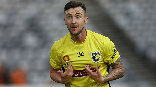 Mariners striker Roy O'Donovan reacts to a decision in his side's loss to Brisbane.