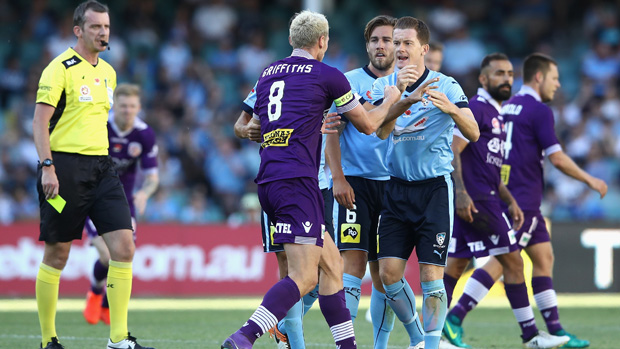 Rostyn Griffiths clashes with Sydney FC midfielder Brandon O'Neill.
