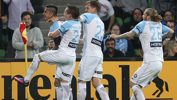 City players celebrate Tim Cahill's goal against Sydney FC.