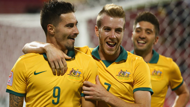 Jamie Maclaren celebrates after scoring for the Olyroos at the 2016 AFC U-23 Championship.