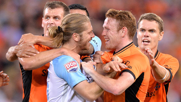 Corey Brown gets into a heated confrontation with good mate and Melbourne City midfielder Luke Brattan.