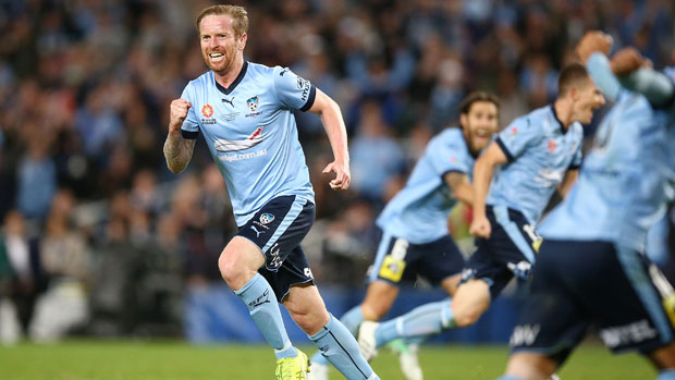 Sydney FC players celebrate Rhyan Grant's equaliser in the Hyundai A-League Grand Final.