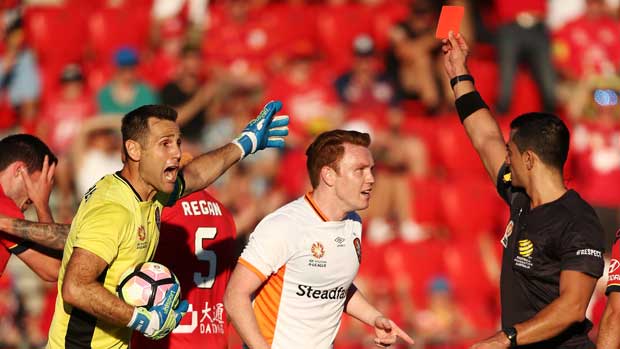 Brisbane Roar goalkeeper Michael Theo was sent off in his side's loss to Adelaide United on Sunday.