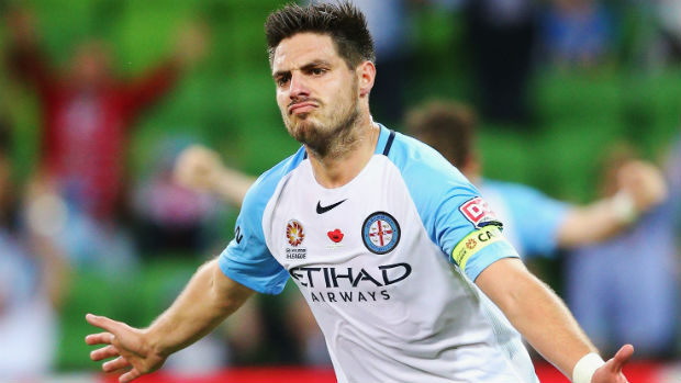 City striker Bruno Fornaroli celebrates one his two goals against the Jets.