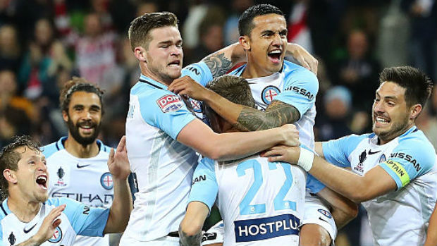 Melbourne City players celebrate scoring in the Westfield FFA Cup.