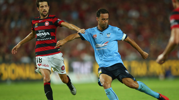 Alex Brosque in action for Sydney FC in one of last season's Sydney Derbies.