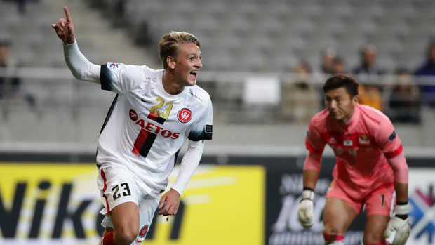 Striker Lachlan Scott celebrates his goal in the Wanderers' 3-2 ACL win over FC Seoul.
