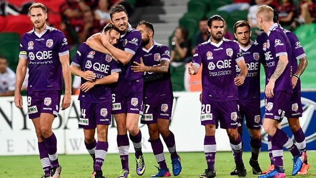Perth Glory players celebrate Chris Harold's first-half strike in their win over Western Sydney Wanderers.