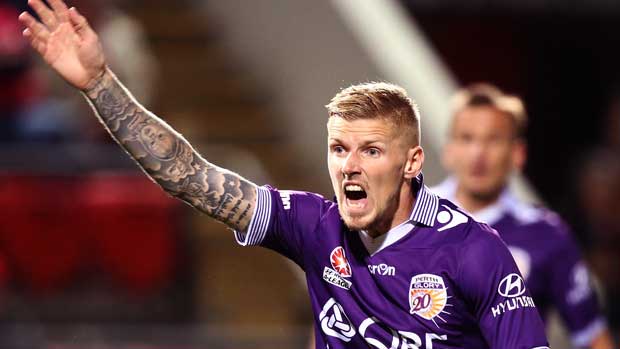 Perth Glory striker Andy Keogh appeals for a free-kick during the clash with the Reds.