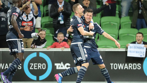 Victory star Marco Rojas celebrates with Besart Berisha after scoring the opener in their win over Adelaide United.